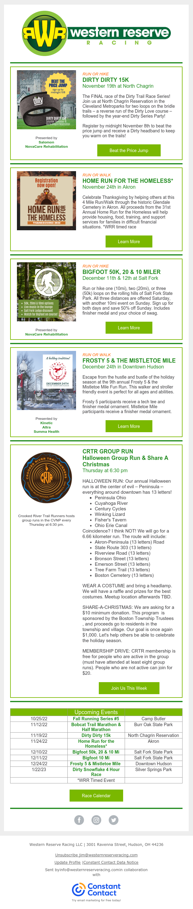 Your November & December Race Lineup! Dirty Dirty 15k, Bigfoot 50k, 20 & 10 Miler, Frosty 5 & Mistletoe Mile